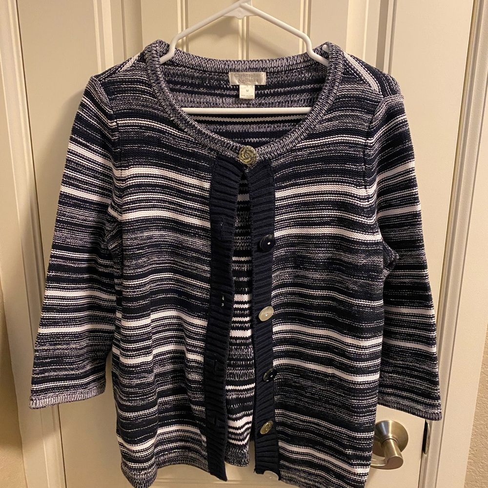 Christopher Banks M Cardigan Sweater Medium Bling Button Front Blue White Knit